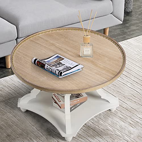 Wnutrees Farmhouse Round Coffee Table,Wood Tray Top Circle Coffee Table with Storage Shelf Rustic Style for Living Room and Vintage Finish,White