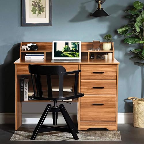 Catrimown Computer Desk with 4 Drawers and Hutch, Home Office Desk with File Drawer, 44” Rustic Oak Wood Desk, Study Table for Bedroom, Rustic Oak Catrimown