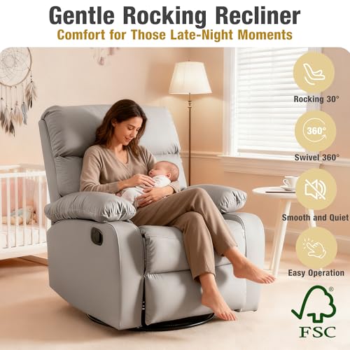 GNMLP2020 Swivel Rocker Recliner, Rocking Recliner Chair, Small Rocker Recliners for Small Spaces, Living Room, Bedroom, Nursery, RV, Light Grey