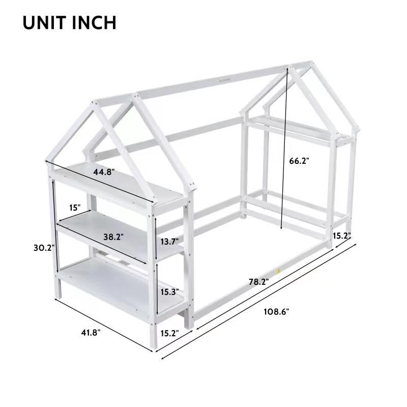 ROCKINGRUN Twin Size Wooden House Bed with Storage Shelves and Hanger - Montessori Floor Bed Frame in White - WoodArtSupply