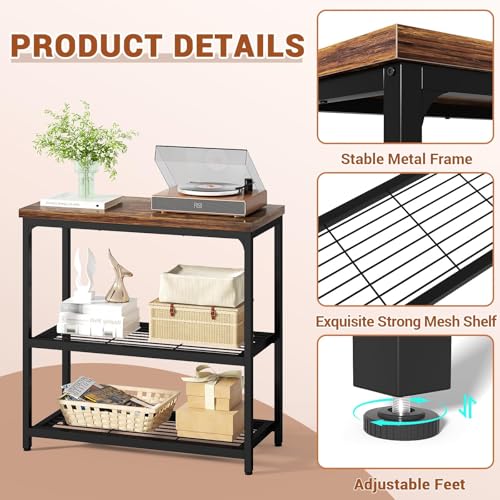 Besiost 32" Small Console Table with Storage, 3-Tier Industrial Narrow Entryway Table with Mesh Shelves, Sofa Table Behind Couch for Hallway Foyer Living Room, Sturdy Metal Frame, Rustic Brown Besiost