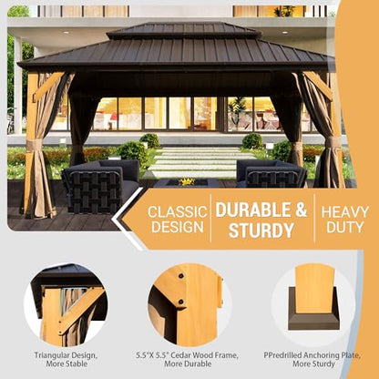 Domi 10x14FT Cedar Wood Gazebo, Solid Wood Hardtop Gazebo with Galvanized Steel Double Roof, Netting & Curtains, Outdoor Gazebo for Patio, Backyard, Deck, Lawns - WoodArtSupply