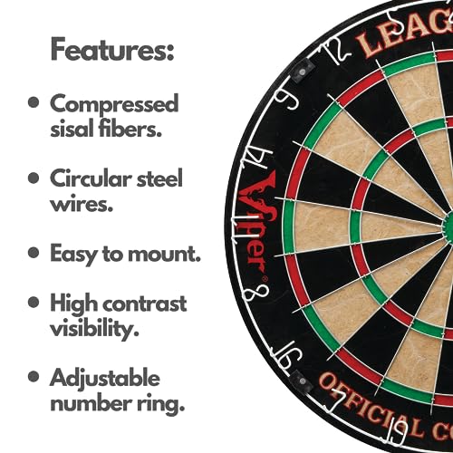 Viper League Pro Regulation Bristle Steel Tip Dartboard Starter Set with Staple-Free Bullseye, Radial Spider Wire, High-Grade Sisal with Rotating Number Ring, Chalk Cricket Scoreboard, Steel Tip Darts Viper
