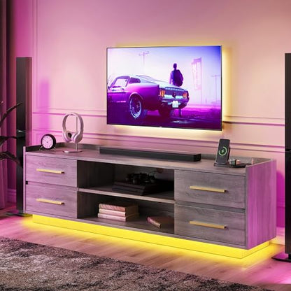 BELLEZE 66’’ TV Stand for TVs Up to 75", LED Light Entertainment Center with Power Outlet, 4 Drawers and 2-Tier Open shelves TV Cabinet, TV Console for Living Room, Bedroom - Corrigan (Slate Gray)