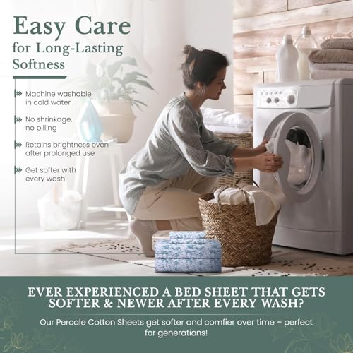 Feather & Stitch Softest 100% Cotton Sheets, 300 Thread Count Percale Weave Bedding, 16" Deep Pocket, Cooling Sheets, Breathable Bed Set, Hotel Premium Quality (Queen, Blue Floral) FEATHER & STITCH NEW YORK