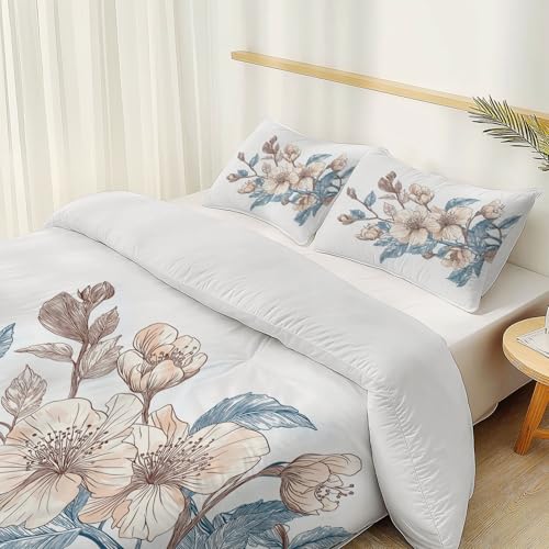 White 3 Piece Duvet Cover Set, 1 Printed Zipper Closure Duvet Cover with 2 Pillow Shams, Ultra Soft Brushed Microfiber Single with Minimalist Flowers Watercolor Generic