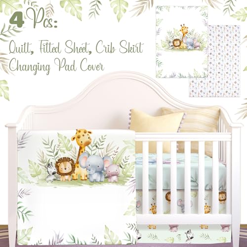 Hahafelt 4 Pieces Baby Crib Bedding Set for Girls and Boys, Soft Baby Bedding Set Including Crib Skirt, Comforter, Sheet and Diaper Stacker for Nursery (Wildlife Theme) Hahafelt
