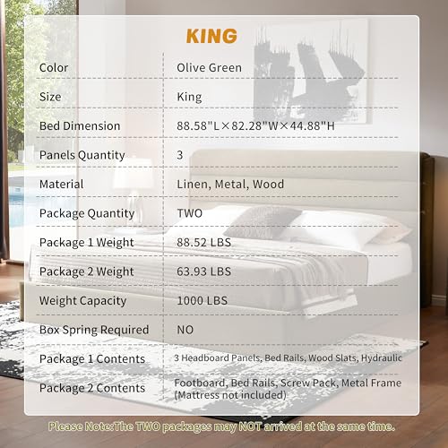 Zanmintaobo Lift Up Storage Bed King Size, Upholstered Platform Bed with Hydraulic System & Wood Slats Support, King Bed Frame with 3-Panel Headboard, No Box Spring Needed, Easy Assembly, Green Zanmintaobo