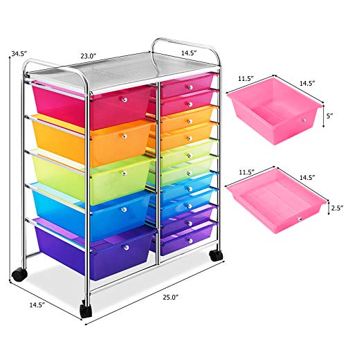 GOFLAME 15-Drawer Rolling Storage Cart, Multipurpose Movable Organizer Cart, Utility Cart for Home, Office, School, Rainbow - WoodArtSupply