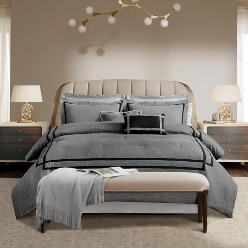 Wonderful Hotel Comforter Set Queen Size 8 Piece Bedding Set Grey Luxury Hydro-Brushed Modern Bedding Comforter Set with Sheet, Fitted Sheet, Pillow Shams, Decorative Pillow for All Season Wonderful