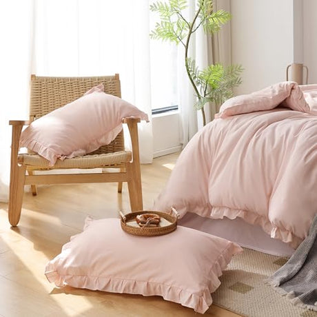 JANZAA Full Size Comforter Pink Comforter Set 3PCS 1 Ruffled Comforter Set and 2 Pillow Cases Blush Pink Bed Set Vintage Farmhouse Shabby Chic Bedding Soft All Season JANZAA