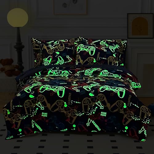 Aqzuxira Glow in The Dark Kids Comforter Set, 3 Pieces Gamepad Pattern Bedding Set Twin Size for Boys Girls Teen, 1 Comforter, 1 Pillowcase, 2 Pillow Shams Aqzuxira