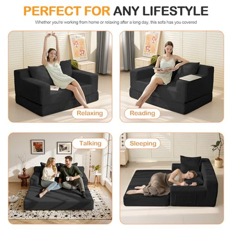 Erament Loveseat Boneless Convertible Sofa Bed, Folding Floor Futon Sleeper Sofa Couch Bed- Boneless Foldable Couch, Corduroy Pull Out Sofa Bed with 2 Pillows for Living Room & Bedroom Erament