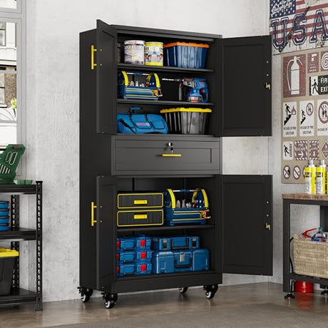 winiowa 71" Tall Metal Garage Storage Cabinet with Wheels and Locking Doors, Locking Rolling Tool Cabinet with Drawer and 3 Adjustable Shelves for Garage,Home,Office (Black) winiowa