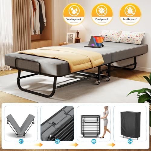 SADENICEL Folding Bed with Mattress for Adults, Portable Foldable Roll Away Bed on Wheels, Memory Foam Mattress and Metal Frame, Space Saving Fold Up for Easy Storage, 75" x 31" SADENICEL