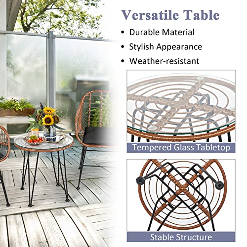 Tangkula 3 Pieces Patio Conversation Bistro Set, Outdoor Wicker Furniture w/Round Tempered Glass Top Table & 2 Rattan Armchairs, Bistro Chat Set w/Seat Cushions for Porch, Backyard, Garden - WoodArtSupply