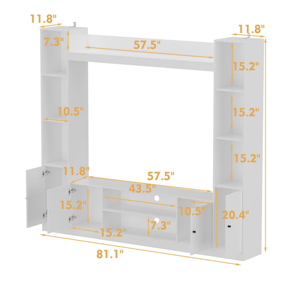 TAMUNE Entertainment Center with Bookshelves Modern Media Center with Open Shelves & Bridge TV Wall Unit with Doors, for Living Room White (81.1”W x 11.8”D x 70.9”H) TAMUNE