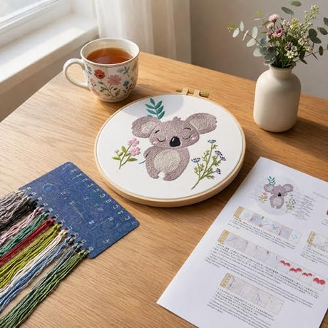 QIZUOLIFE 2Pcs Animal Embroidery Starter Kit for Adults, Koala & Puppies Pre‑Printed Embroidery Hoops Set, DIY Needlework Supplies with Step‑by‑Step Video Tutorials, Craft Gift for Beginners QIZUOLIFE