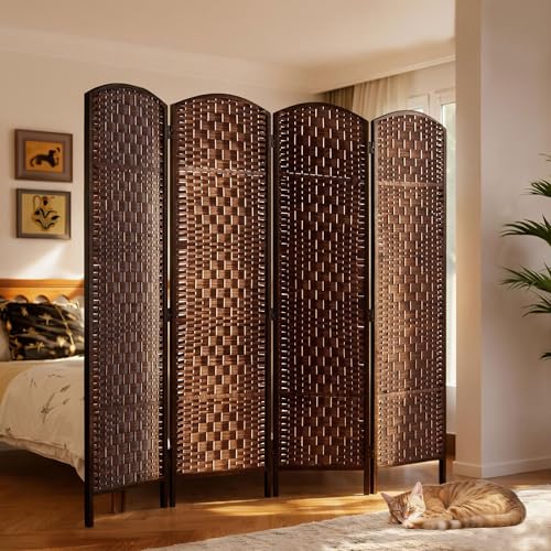 HOMCOM Room Divider, 4 Panel Folding Privacy Screen, 6FT Tall Portable Wicker Weave Partition Wall Divider for Bedroom, Home Office, Brown HOMCOM