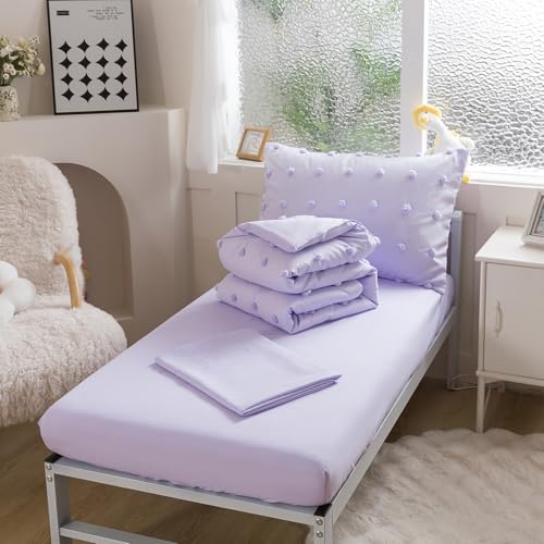 Caressma Lavender 4 Pieces Toddler Bedding Set - Lovely Pom Pom Tufted Comforter Set for Girls - Includes Purple Comforter, Fitted Sheet, Flat Sheet & Pillow Case Caressma
