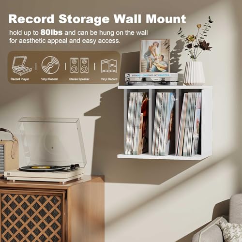Emfogo Record Player Stand with Vinyl Record Storage, Turntable Stand Wall Mount Up to 80-100 Albums, 3-Compartment Vinyl Record Holder, White Emfogo