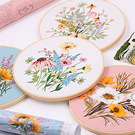 4Pcs Embroidery kits for beginners, Including Printed Embroidery Cloth with flower Patterns, 2 Plastic Embroidery Rings, 1 Pair of Scissors, Colored Threads, Needles and an Embroidery Instructions REEWISLY
