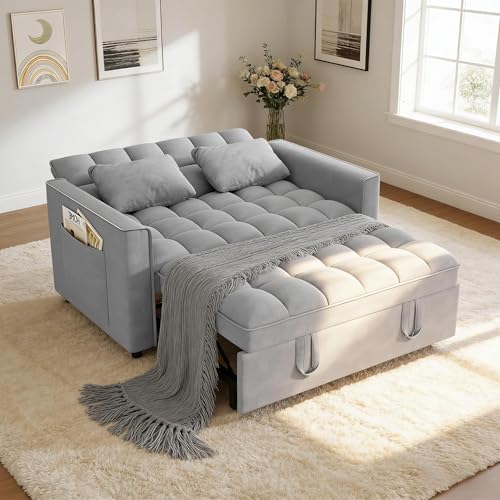 Yeehacc 3 in 1 Convertible Sleeper Sofa Bed, Pull Out Couch Loveseat Futon, Adjustable Backrest Velvet Sofa with Pillows and Side Pockets for Living Room Apartment, Light Grey Yeehacc