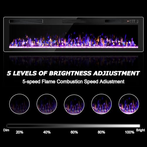 OFIKA Electric Fireplace Inserts Ultra-Thin Freestanding 750/1500W Electric Fireplace Heater Wall Mounted or Recessed Fireplace Electric with Adjustable Multicolor Flame,Timer (72 inch) OFIKA