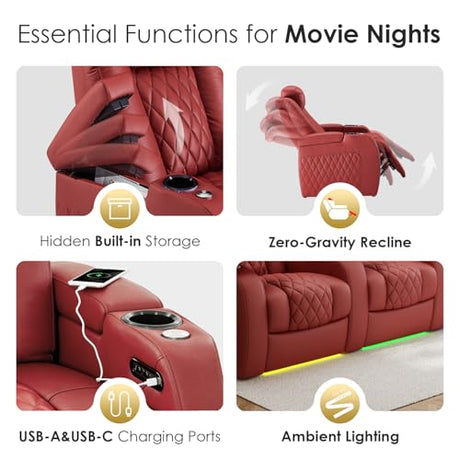 PBRO Home Theater Seating Genuine Leather Recliner Chair, Power Reclining & Headrest, USB A/C Charging Ports, Tray Table, Cup Holder Ambient Lighting Red Row of 1 PBRO