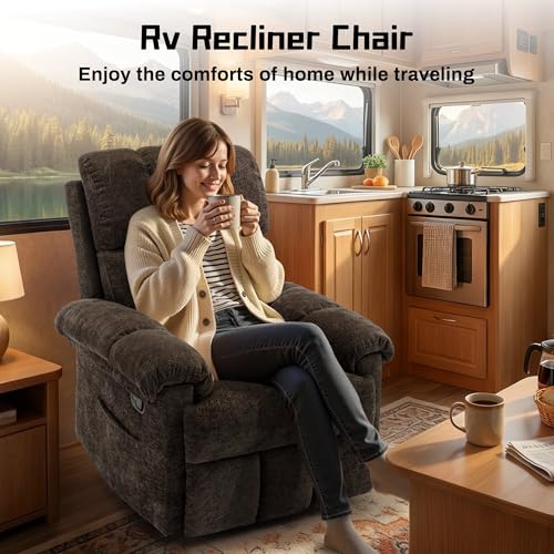 Korser Recliner Chair, Swivel Rocker Recliner Chair for Adults, Small Recliners for Small Spaces, Upholstered Manual Recliner with Side Pockets, Nursery Rocking Chair for Living Room, Chenille, Brown