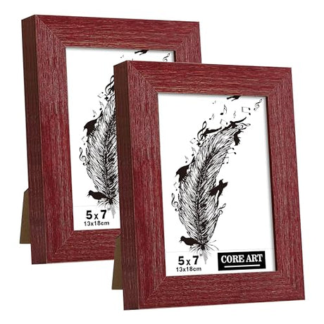 CORE ART 5x7 Picture Frame, Handmade Wood Rustic Red Photo Frame Set of 2, High Definition Semi-tempered Glass Wall or Tabletop Display CORE ART