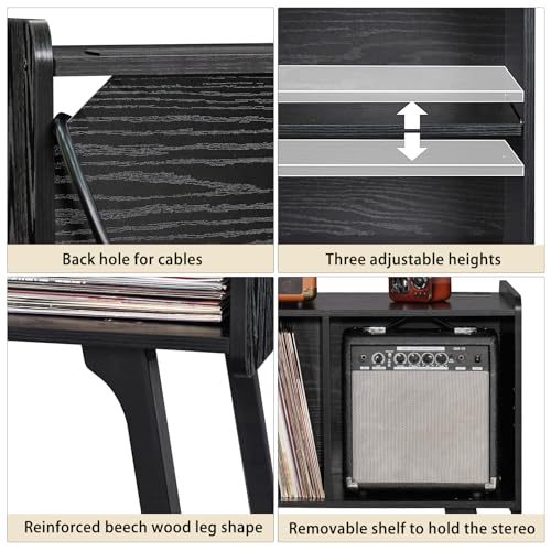 Lerliuo Record Player Stand with Charging Station Holds Up to 220 Albums, Large Turntable Stand with 4 Cabinet, Mid-Century Record Player Table,Black Vinyl Holder Storage Shelf for Bedroom Living Room Lerliuo
