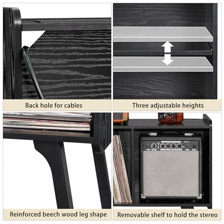 Lerliuo Record Player Stand with Charging Station Holds Up to 220 Albums, Large Turntable Stand with 4 Cabinet, Mid-Century Record Player Table,Black Vinyl Holder Storage Shelf for Bedroom Living Room Lerliuo