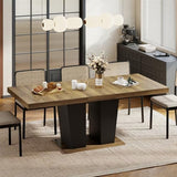 Zevemomo 63"-78.7" Expandable Dining Table, 6-10 Rectangle Table, Extendable Console Table, Wooden Farmhouse Kitchen Table with Metal Track & Dual Column Base for Living, Office-Brown Zevemomo