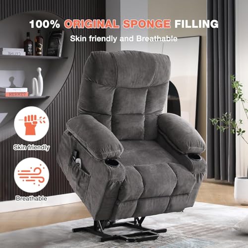 Ultra Wide Power Lift Recliner Chair for Elderly,Rotating Lounge Chair with Hot Massage Heating and Auxiliary Standing Function,Oversized Lazyboy Single Sofa with Cup Holder for Living Room (Grey) Anwick