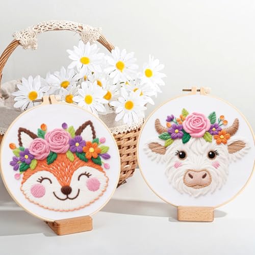 ORIGACH 6 Pack Animals & Floral Crown Embroidery Kits for Beginners, DIY Starter Hand Embroidery Kit with Floral and Dog Rabbit Fox Patterns and Instructions for Adults Women Crafting