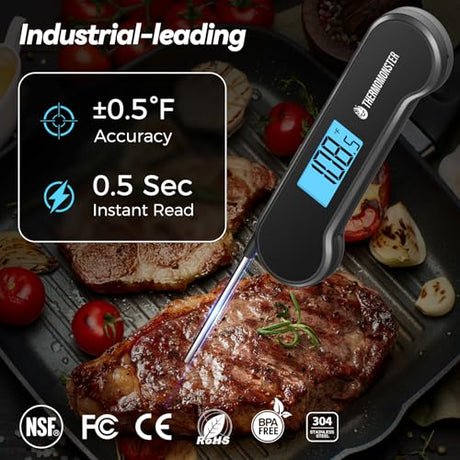 0.5 Sec Instant Read Meat Thermometer Digital with ±0.5℉ Precision, Food Thermometer for Cooking Kitchen Gadgets, Oven Grill Candy BBQ Essentials Accessories, Gifts for Him Dad Men Birthday, Black ThermoMonster