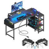 Eivanet L Shaped Gaming Desk with LED Lights & Power Outlet, 40" Reversible Computer Desk with Adjustable Monitor Stand and Storage Shelves Corner Home Office Desk for Small Space Carbon Fiber Black Eivanet