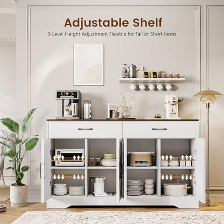55" Sideboard Buffet Cabinet with Storage, Large Kitchen Storage Sideboard with Drawers & Doors, Modern Wood Farmhouse Coffee Bar Cabinet, Buffet Table for Kitchen, Dining Room, Living Room, White GRUSIGN