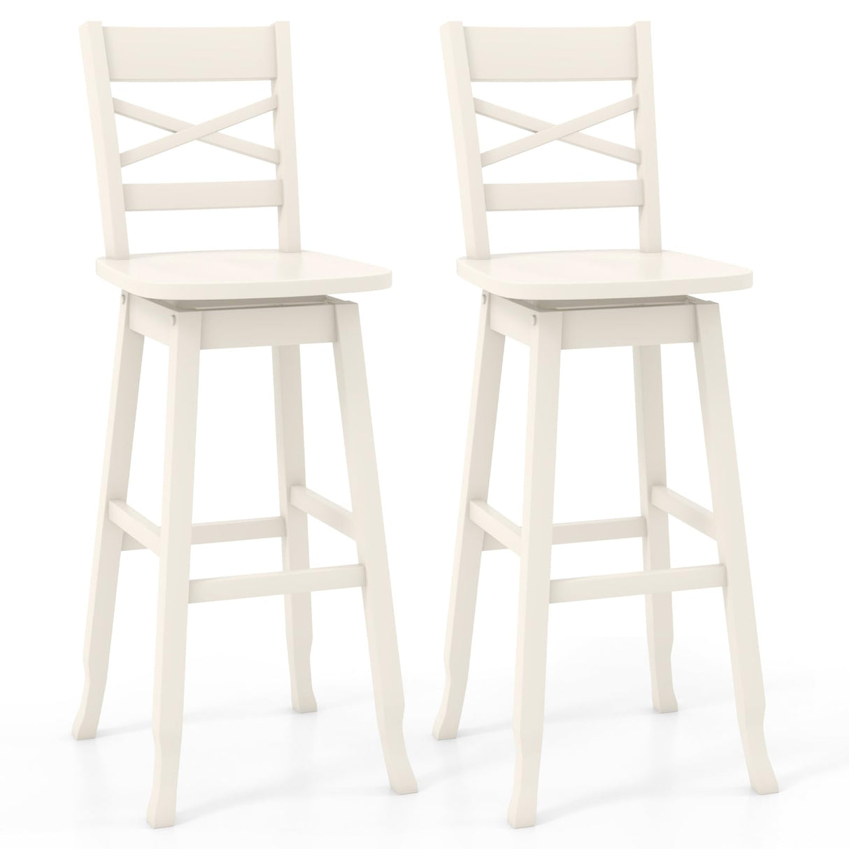 COSTWAY 30-Inch Bar Height Stool Set of 2, Rubber Wood Swivel Bar Stool with Inclined Backrest, Curved Seat & Footrest, Bar Chair for Kitchen Island & Pub (2, White) COSTWAY