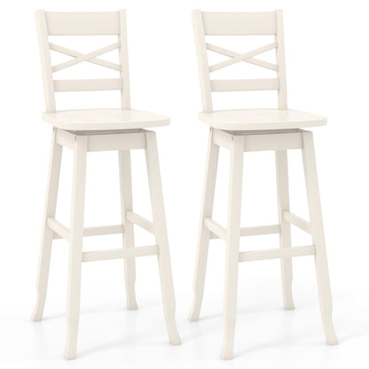 COSTWAY 30-Inch Bar Height Stool Set of 2, Rubber Wood Swivel Bar Stool with Inclined Backrest, Curved Seat & Footrest, Bar Chair for Kitchen Island & Pub (2, White) - WoodArtSupply