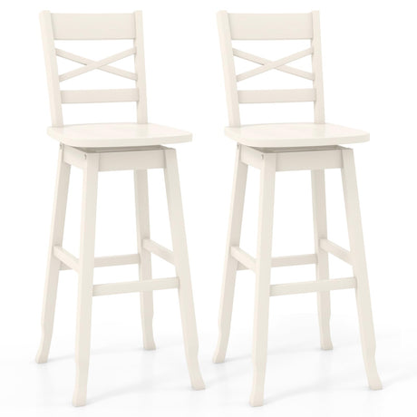 COSTWAY 30-Inch Bar Height Stool Set of 2, Rubber Wood Swivel Bar Stool with Inclined Backrest, Curved Seat & Footrest, Bar Chair for Kitchen Island & Pub (2, White) COSTWAY