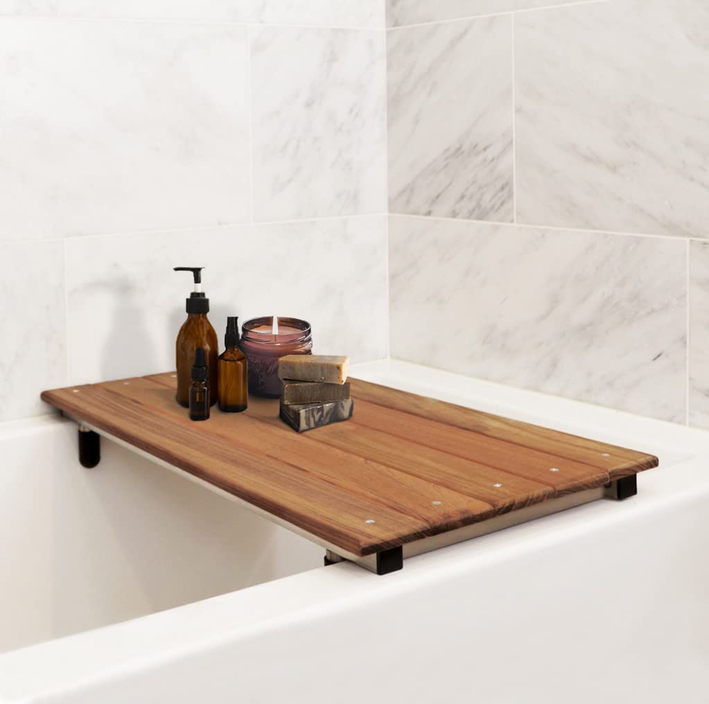 30" x 15" Bridgeport Removable Tub Seat with Natural Teak Wood 3" Slats Seachrome
