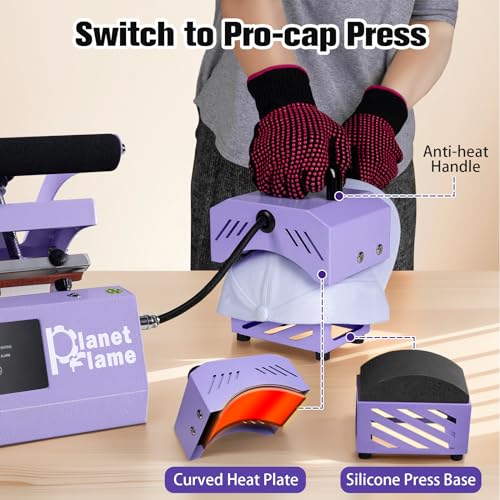 PlanetFlame Tumbler and Hat Heat Press Machine, 2-in-1 Combo Machine for Cup and Cap with Gloves and High Temp Heat Resistant Tape for 11oz-30oz Sublimation Tumbler and All Caps, Purple PlanetFlame