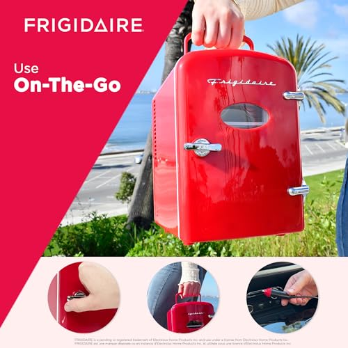 Frigidaire EFMIS129-RED_CP4 Mini Personal Fridge Cooler, 1 Gal Capacity fits Six Cans, Includes Plugs for Home Outlet & DC Charger-9.84" D x 7.09" W x 10.35" H, standard Frigidaire