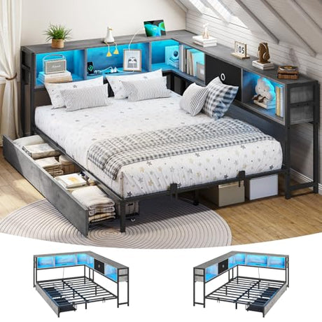 DICTAC Corner Full Bed Frame with Bookcase Storage and Led Lights Full Size Metal Platform Bed Frame with Storage Drawers & Charging Station Full Daybed for Living Room,Bedroom,Guest Room,Oak Gray DICTAC