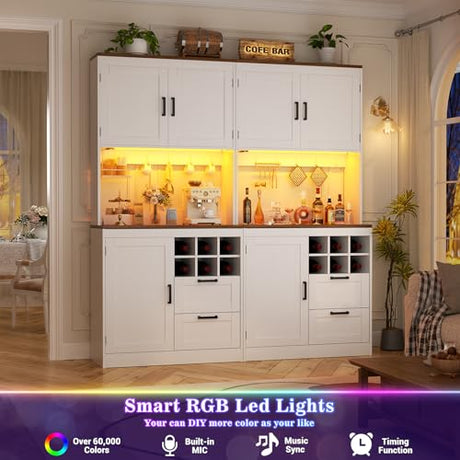 Unikito 72" Tall Pantry Cabinet, Kitchen Pantry Storage Cabinet with LED Light & Outlet, 63" Wide Kitchen Hutch Bar with Microwave Stand, Drawers, Wine Rack & Shelves, Cupboard for Dining Room, White Unikito