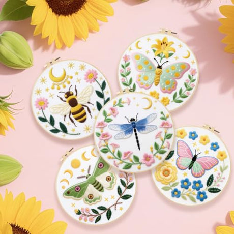 ACRNIGHEET 5PCS Embroidery Kit for Beginners Adults, Butterfly Embroidery Kit, Flowers Embroidery Starter Kit with Instructions, Including 5 Stamped Embroidery Cloth Hoops Threads, Crafts Gift Idea ACRNIGHEET