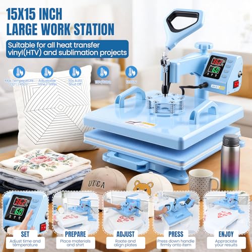 WHUBEFY Heat Press,15x15 Shirt Press Machine 8 in 1 with 30Oz Tumbler Attachment Sublimation Machine Digital Slide Out Sublimation Heat Transfer Machine, Heat Press for T-Shirts Mugs Caps Plates,1400W Whubefy