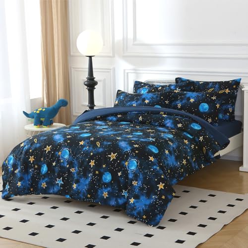 Aqzuxira Glow in The Dark Kids Comforter Set, 7 Pieces Blue Space Bedding Set Full Size for Boys Girls Teen, 1 Comforter, 2 Pillowcases, 2 Pillow Shams, 1 Flat Sheet, 1 Fitted Sheet Aqzuxira